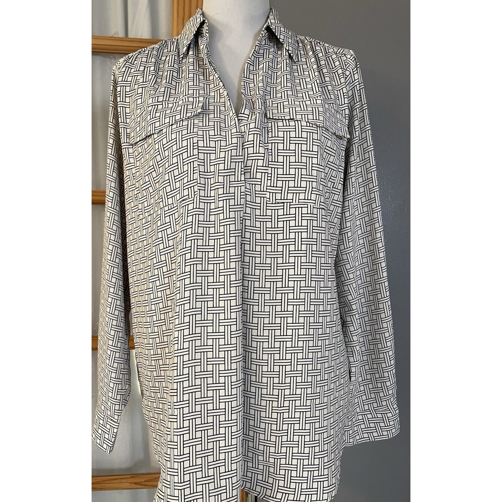 90s Ann Taylor Geometric Button Blouse Sz M Ivory Black Career Business Classic